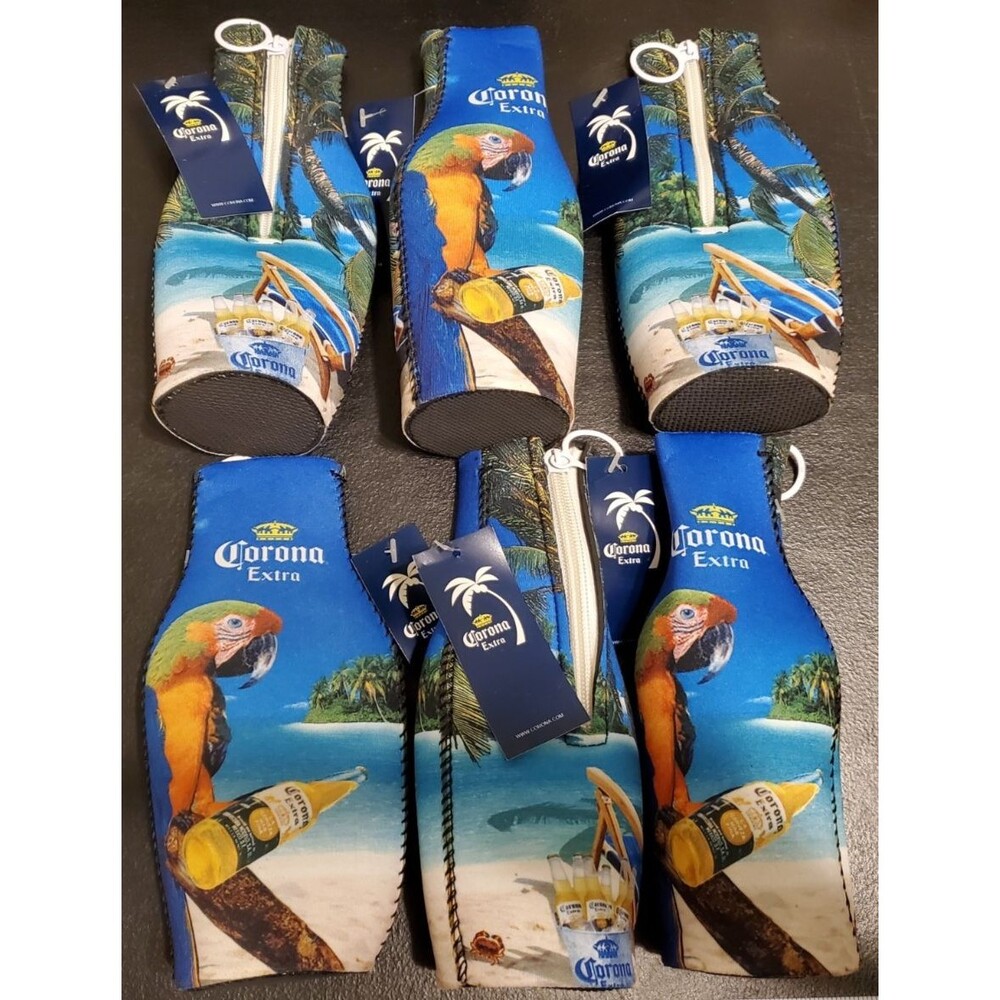 LOT of (6) Corona Extra Parrot Macaw Beach Beer Bottle Zip Coozie Hugger - NEW